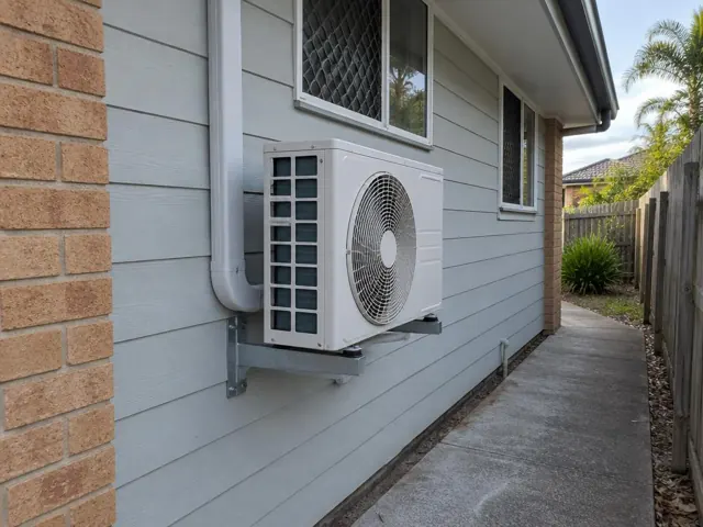 Wall-mounted outdoor air conditioner unit beside a brick and weatherboard home with pipe cover in Coomera